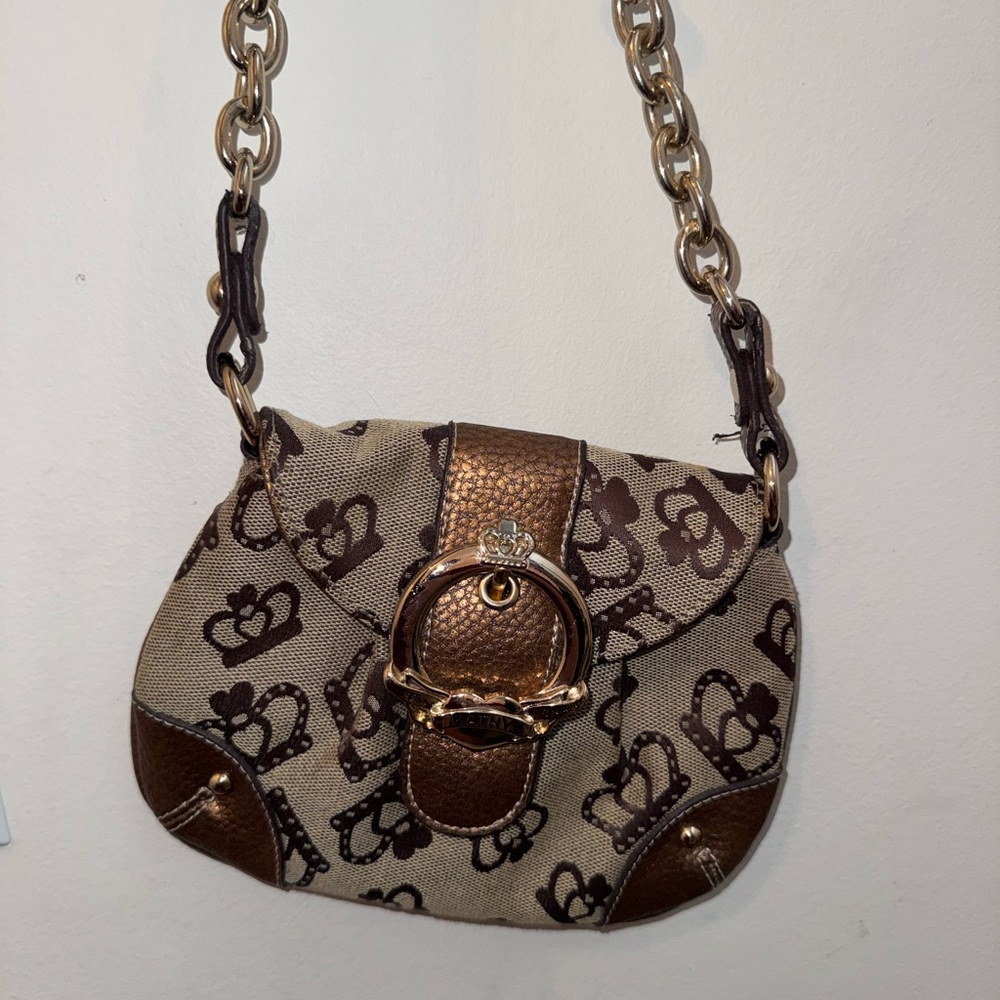 Y2K Kathy Van Zeeland Brown and Gold Crown-Print Chain Cross Body Bag